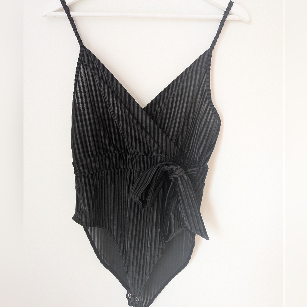 Black Velvet Ribbed Wrap-Front Bodysuit (size small) Whimsi Goth Sexy